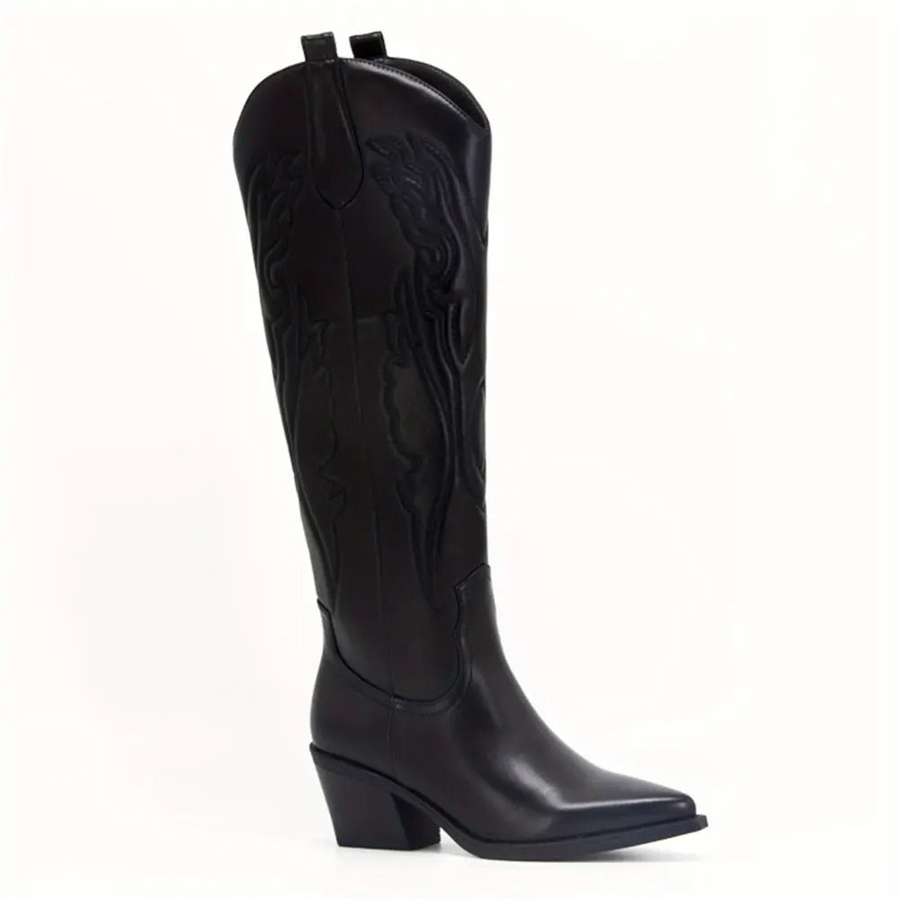 Street-Wave Knee High Cowboy Boots For Women - Black Faux Leather With Embroidered Western Details