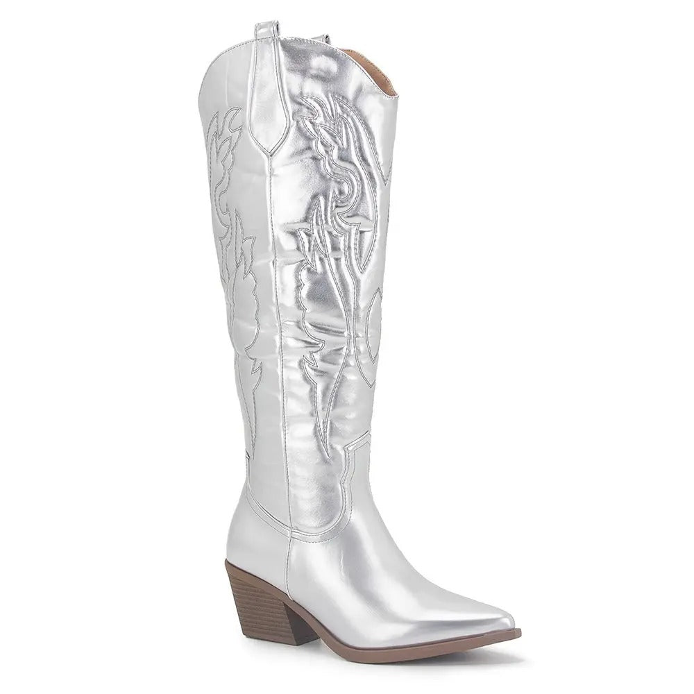 Street-Wave Knee High Cowboy Boots For Women - Black Faux Leather With Embroidered Western Details