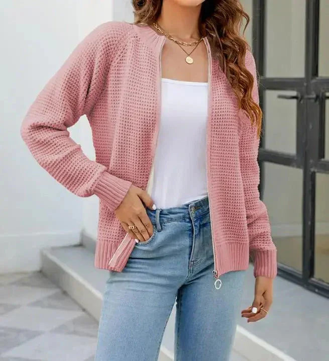 Street-Wave Women Zip Up Cardigan Knit Sweater Autumn Solid Color Cozy Layering Essential