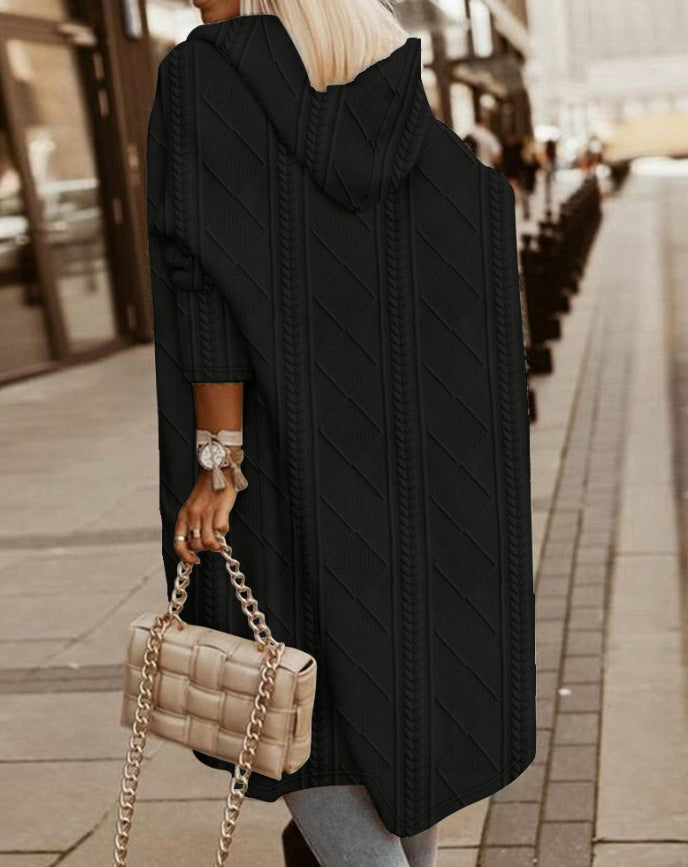 Street-Wave Long Knit Hooded Jacket For Women Cotton-Blend Cozy Outerwear Essential