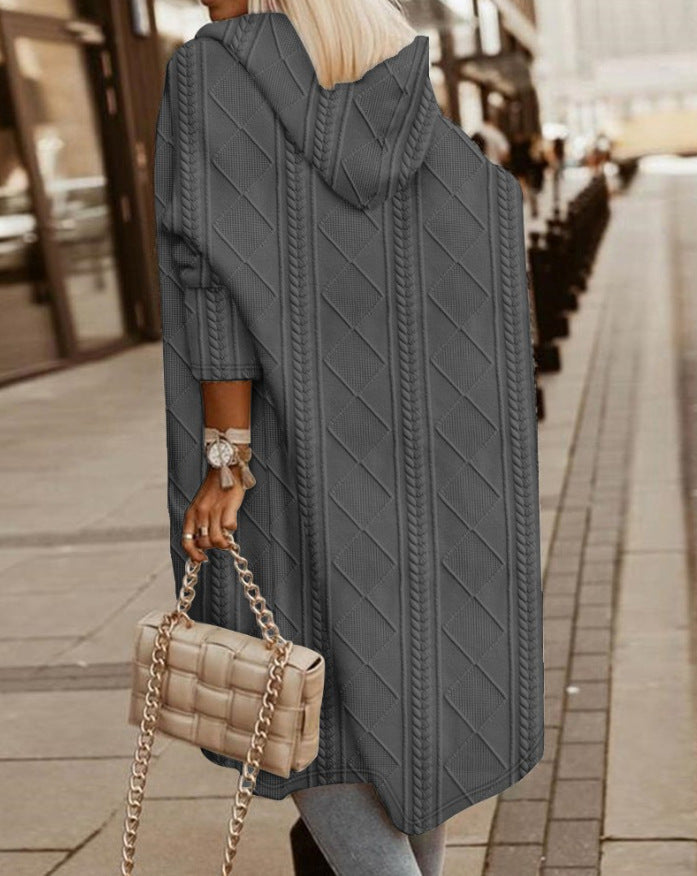Street-Wave Long Knit Hooded Jacket For Women Cotton-Blend Cozy Outerwear Essential