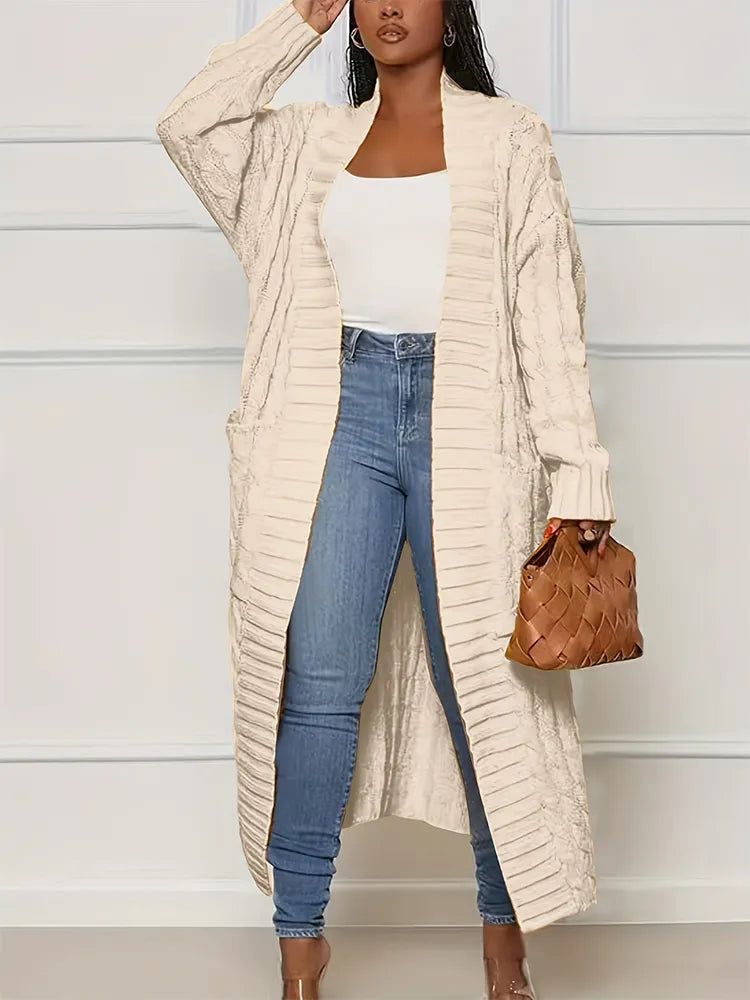 Street-Wave Long Knit Cardigan for Women Open Front Yellow Cable Knit Cozy Coat for Everyday Wear