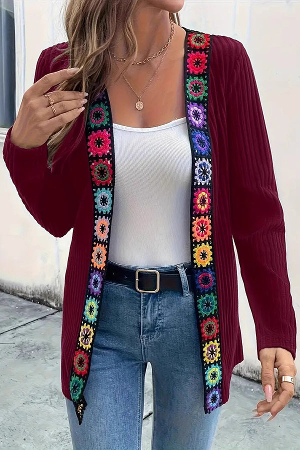 Street Wave Floral Trim Knit Cardigan With Long Sleeves For Women Casual Chic Soft Comfort