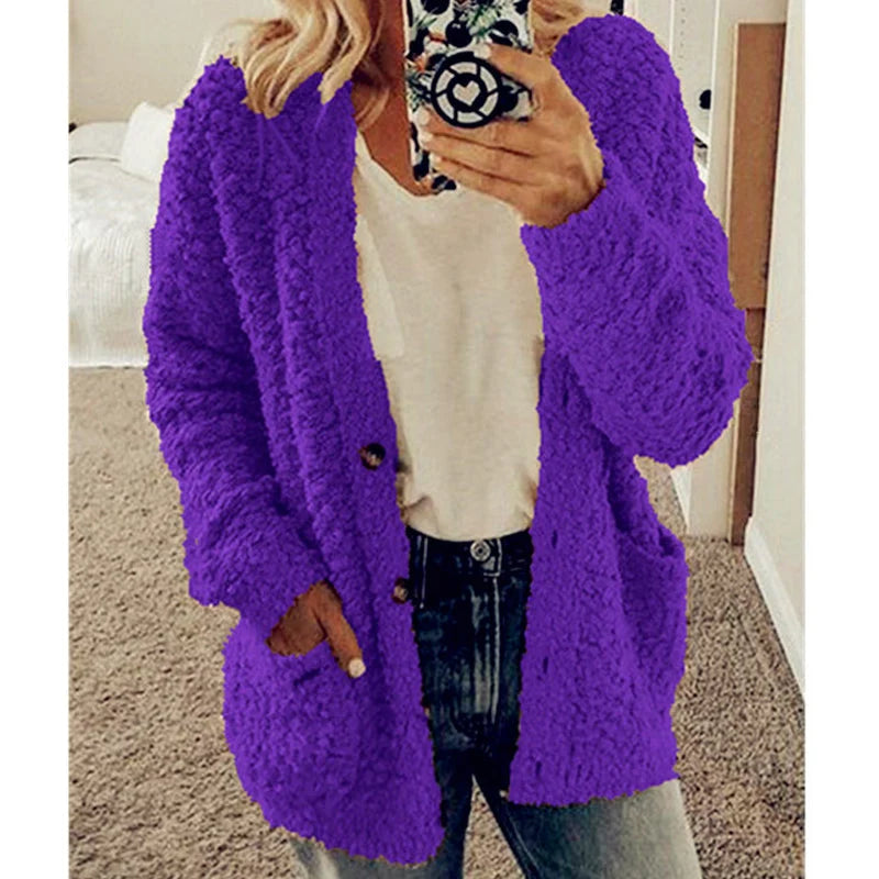 Street-wave Plush Cardigan Coat For Women - Ultra Cozy Warmth With Front Pockets