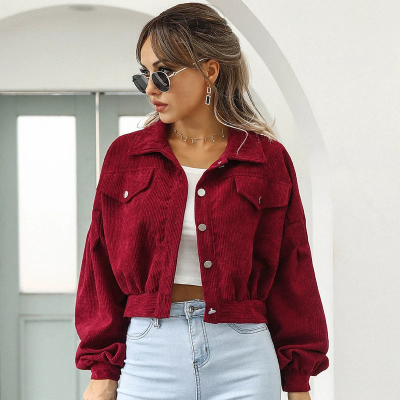 Street-Wave Corduroy Casual Jacket For Women, Cropped Fit With Balloon Sleeves, Everyday Chic