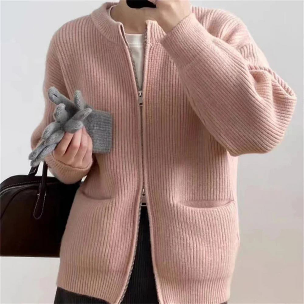 Street-wave Plus Size Zip Cardigan for Women Cozy Oversized Knit with Front Pockets