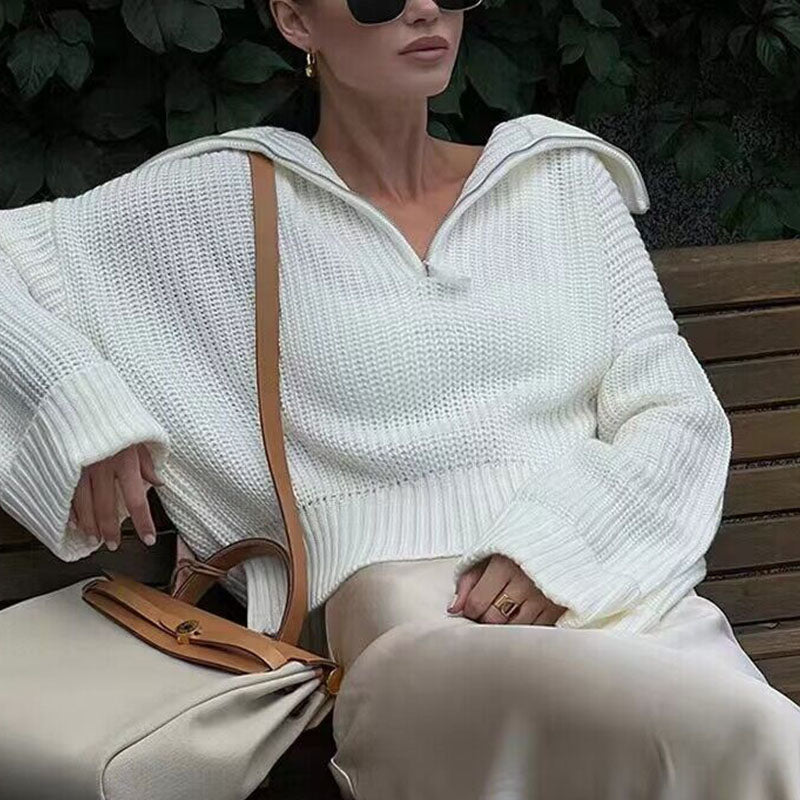 Street Wave Zip Rib Knit Pullover For Women Soft Warmth With Casual Elegance And Everyday Comfort