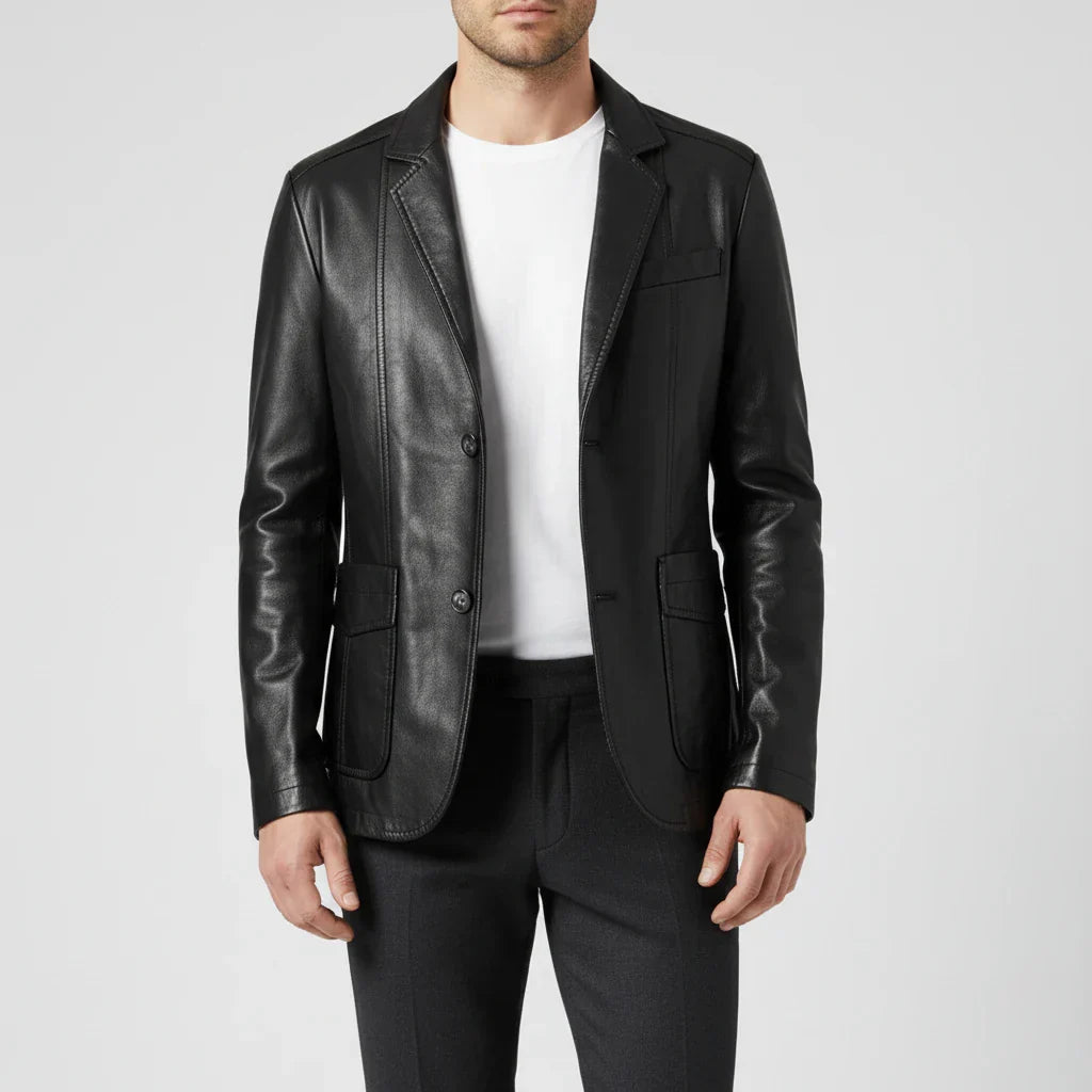Leather Blazer Jacket For Men By Street-Wave Notch Lapel Patch Pockets Stylish
