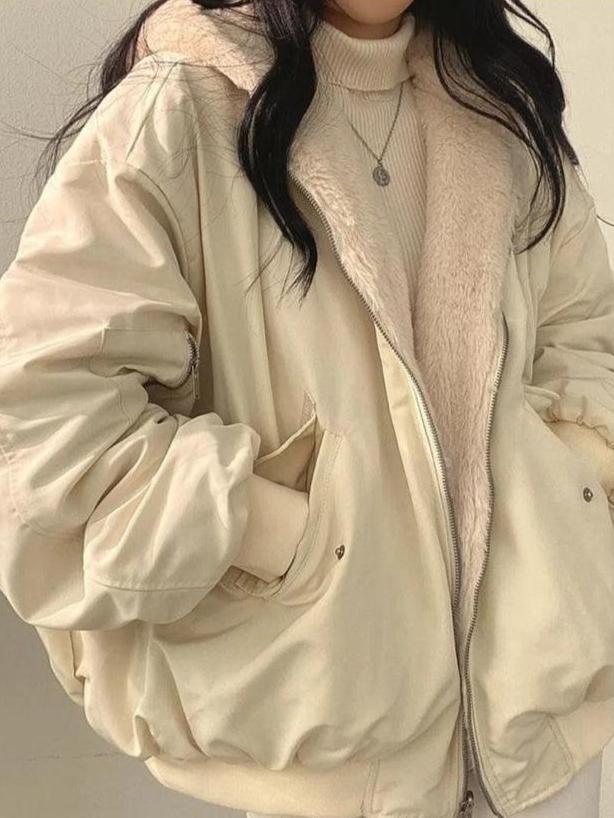 Street-wave Plus Size Puffer Jacket With Soft Fleece Lining Oversized Cozy Outerwear For Curvy Women