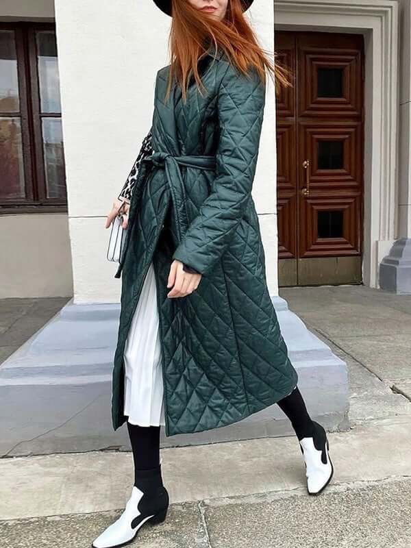 Street-wave Quilted Long Winter Coat for Women, Warm Belted Puffer With Cozy Fit