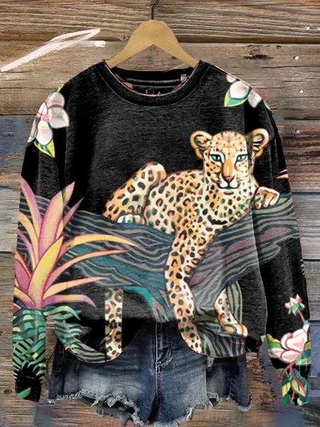 Streetwave Women Leopard Graphic Long Sleeve Pullover Sweatshirt With Bold Floral Print