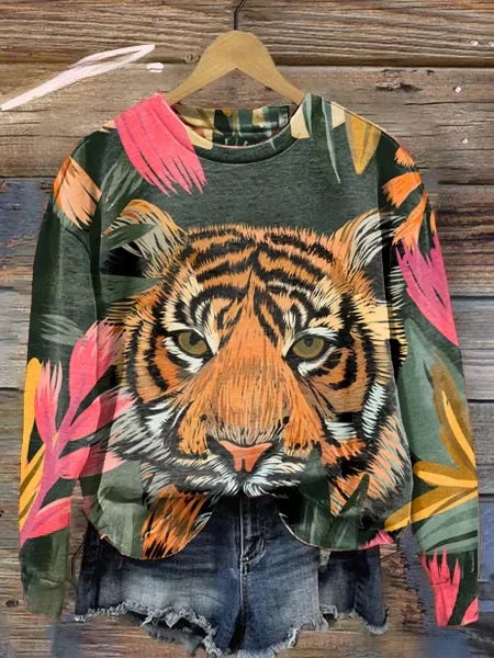 Streetwave Women Leopard Graphic Long Sleeve Pullover Sweatshirt With Bold Floral Print