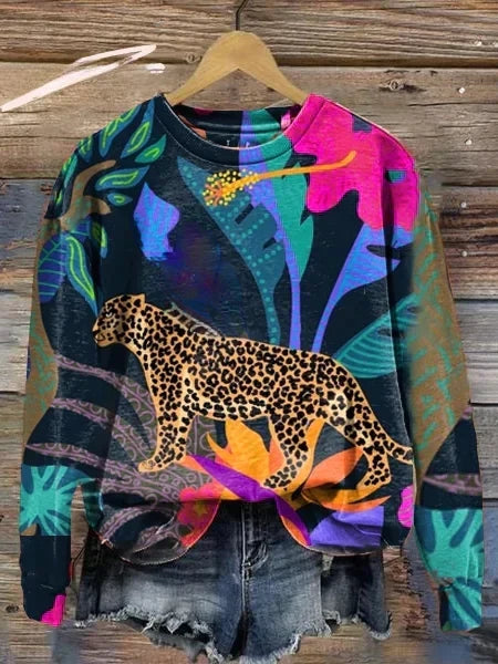 Streetwave Women Leopard Graphic Long Sleeve Pullover Sweatshirt With Bold Floral Print