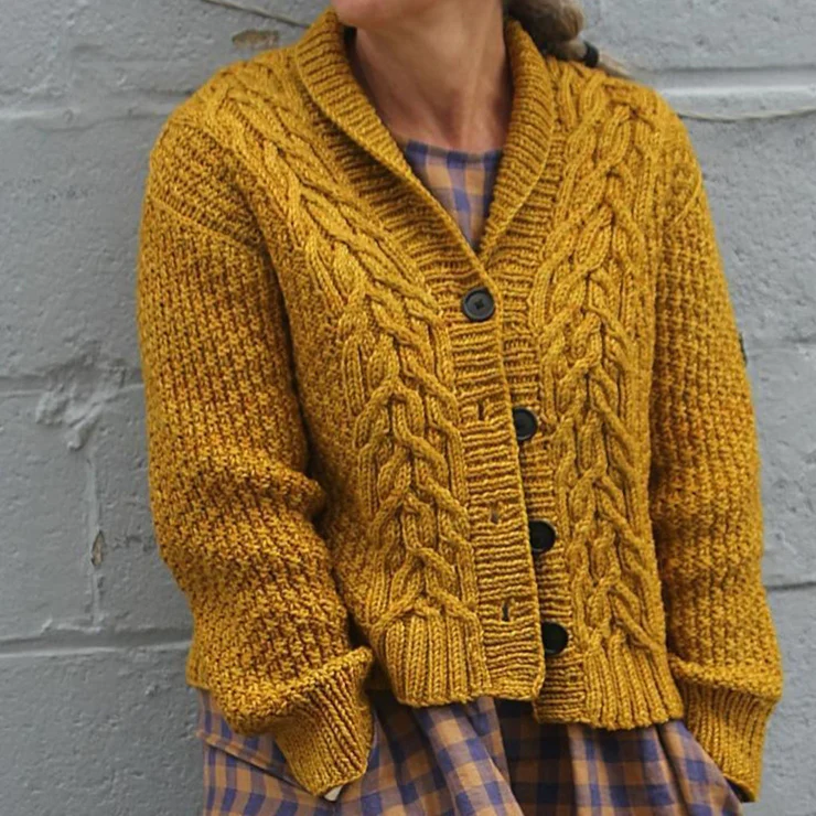Streetwave Bright Yellow Cardigan Sweater With Cable Knit Front Button Closure For Women Casual Wear