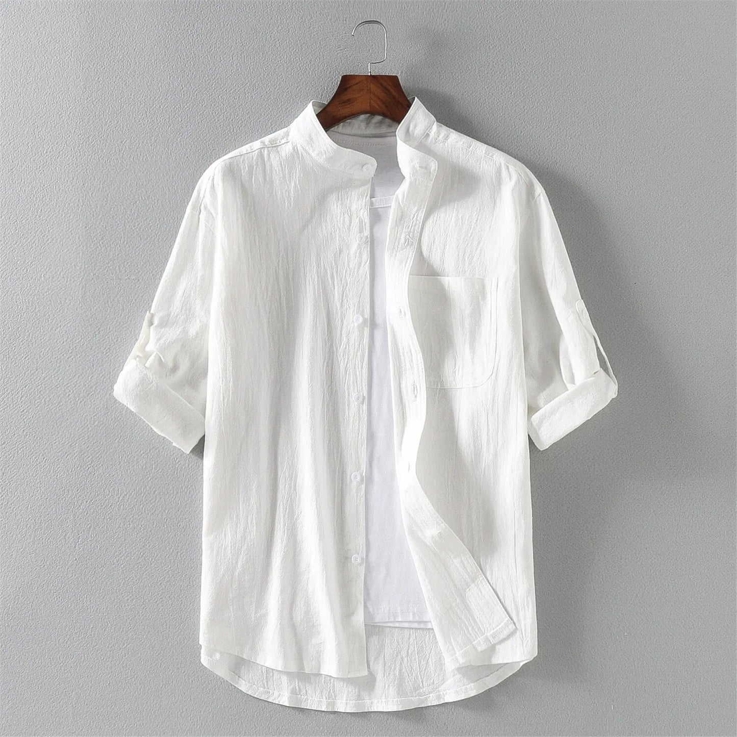 Street-Wave Nordic Flair Mens Shirt Lightweight Chest Pocket Mandarin Collar