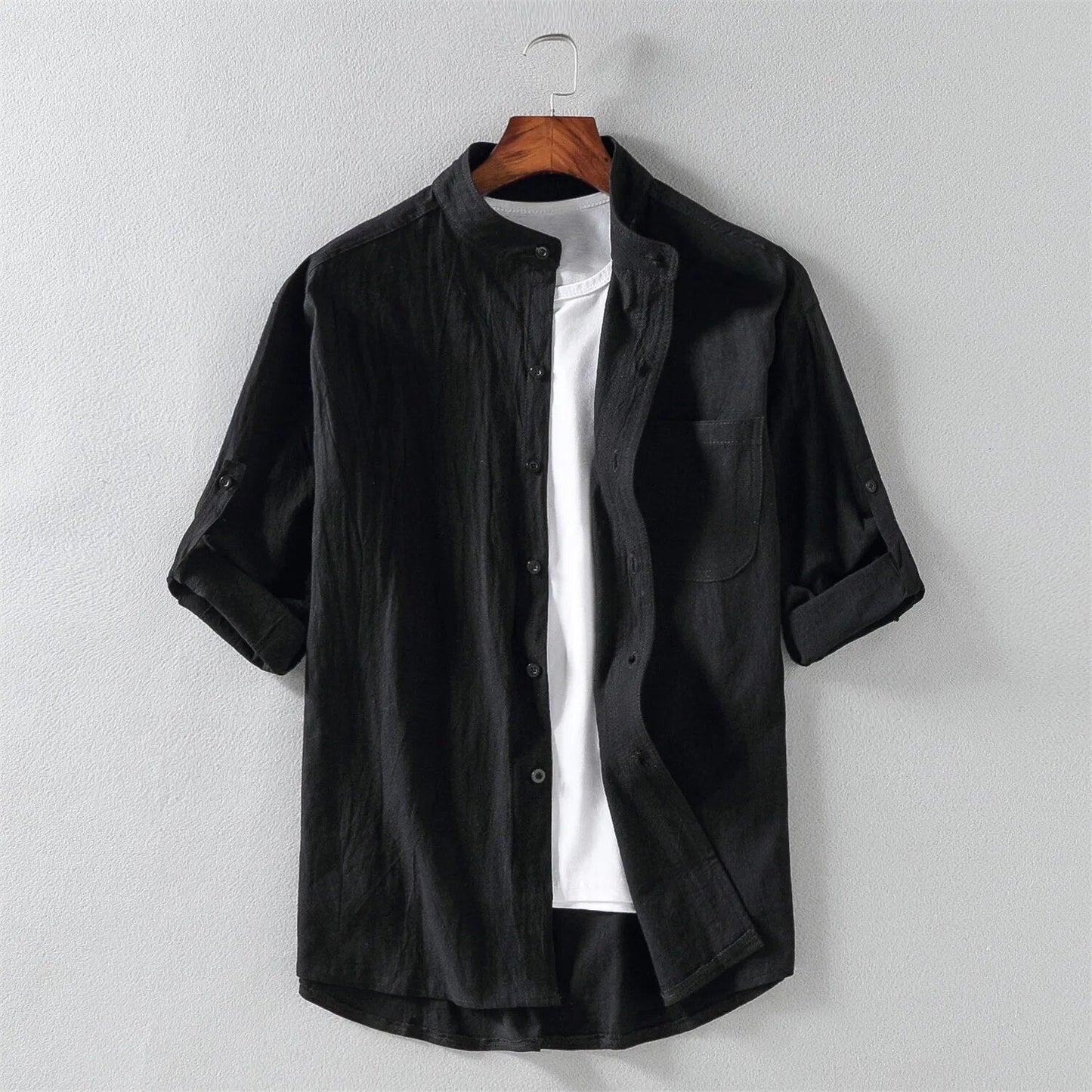 Street-Wave Nordic Flair Mens Shirt Lightweight Chest Pocket Mandarin Collar