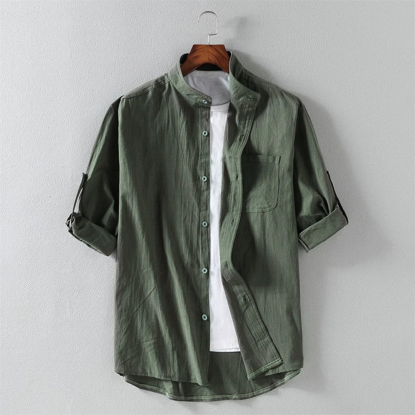 Street-Wave Nordic Flair Mens Shirt Lightweight Chest Pocket Mandarin Collar
