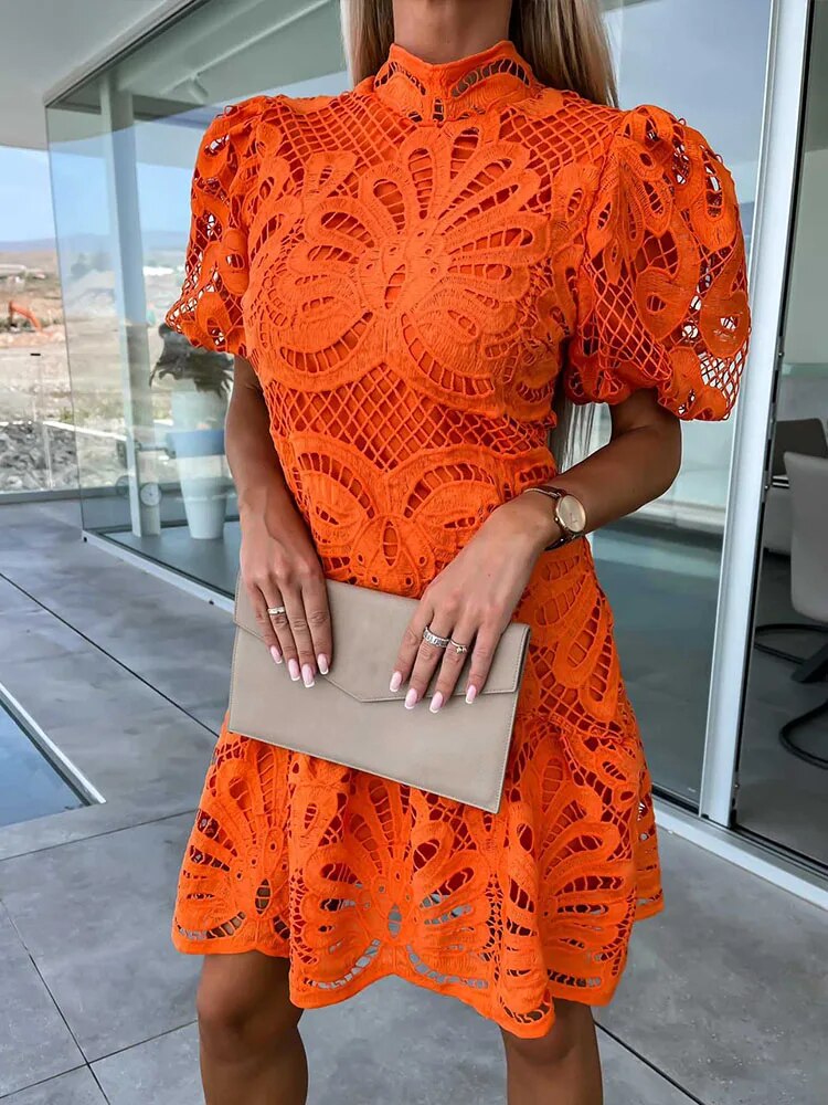 Street Wave Womens Lace Knee Length Dress With Puff Sleeves For Elegant Comfortable Formal Occasions
