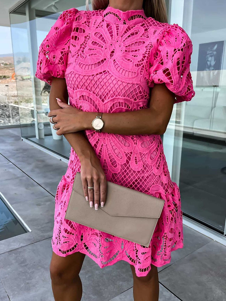 Street Wave Womens Lace Knee Length Dress With Puff Sleeves For Elegant Comfortable Formal Occasions