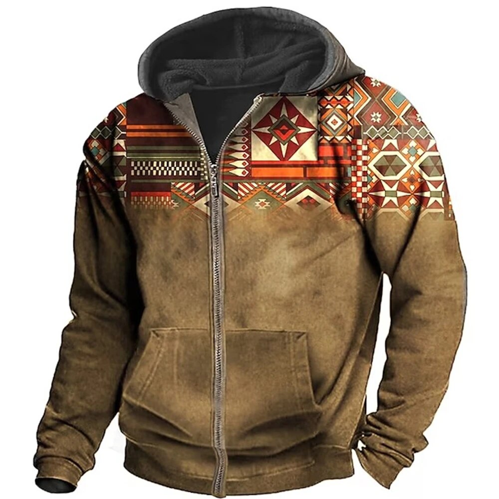 Street-Wave Men Retro Fleece Zip Hoodie With Ethnic Pattern Vintage Outdoor Warmth