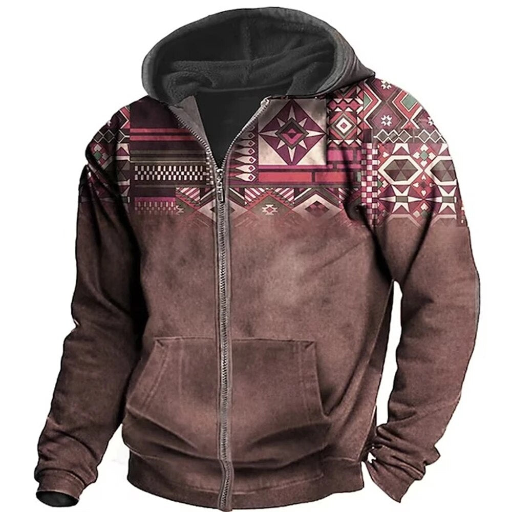 Street-Wave Men Retro Fleece Zip Hoodie With Ethnic Pattern Vintage Outdoor Warmth