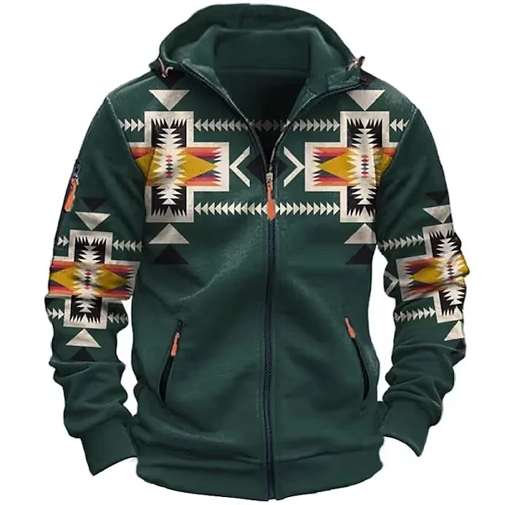 Street-Wave Men Retro Fleece Zip Hoodie With Ethnic Pattern Vintage Outdoor Warmth