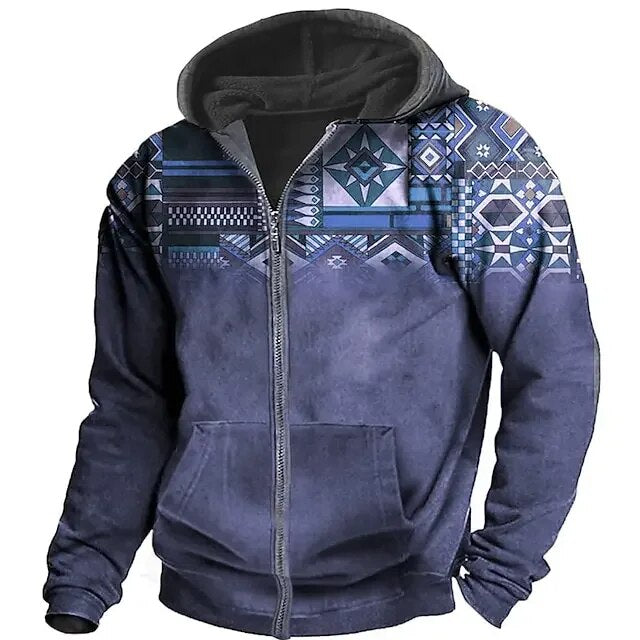 Street-Wave Men Retro Fleece Zip Hoodie With Ethnic Pattern Vintage Outdoor Warmth