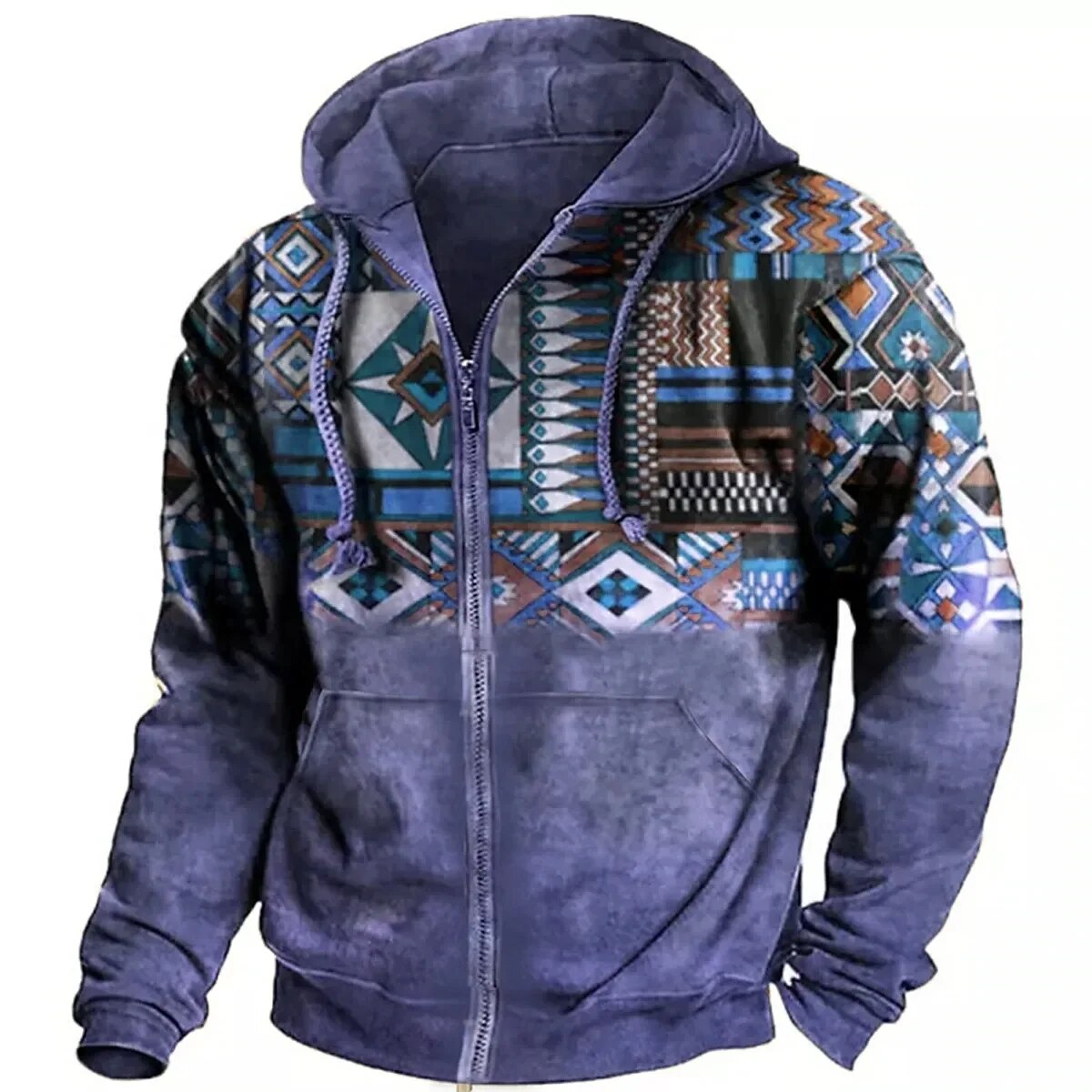 Street-Wave Men Retro Fleece Zip Hoodie With Ethnic Pattern Vintage Outdoor Warmth