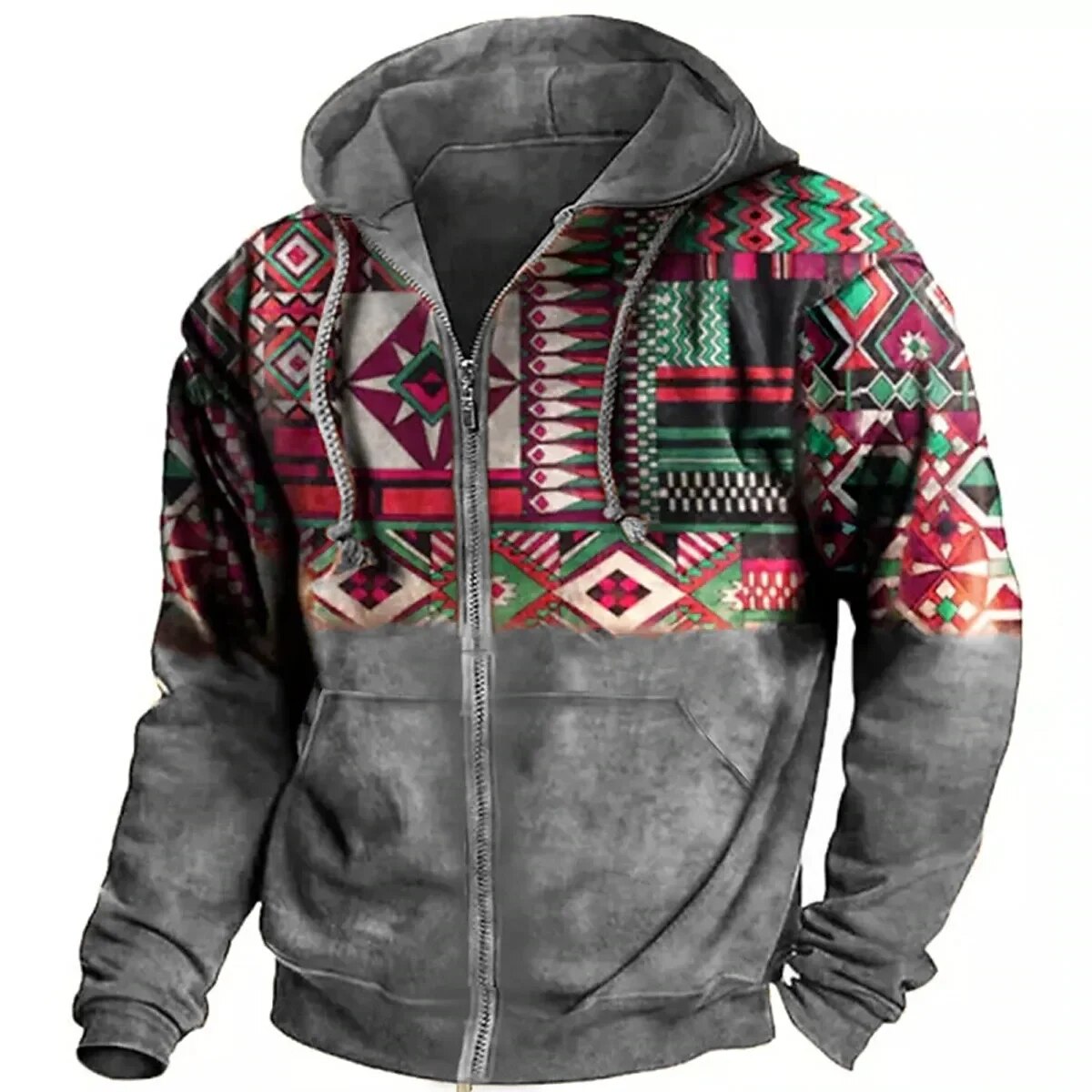 Street-Wave Men Retro Fleece Zip Hoodie With Ethnic Pattern Vintage Outdoor Warmth