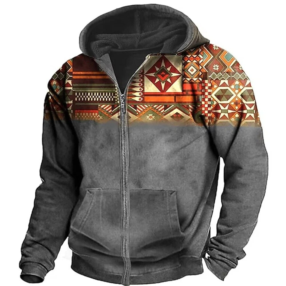 Street-Wave Men Retro Fleece Zip Hoodie With Ethnic Pattern Vintage Outdoor Warmth