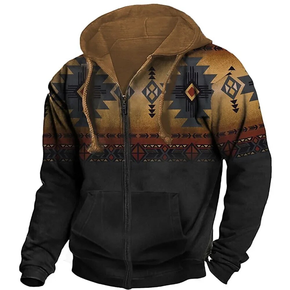 Street-Wave Men Retro Fleece Zip Hoodie With Ethnic Pattern Vintage Outdoor Warmth