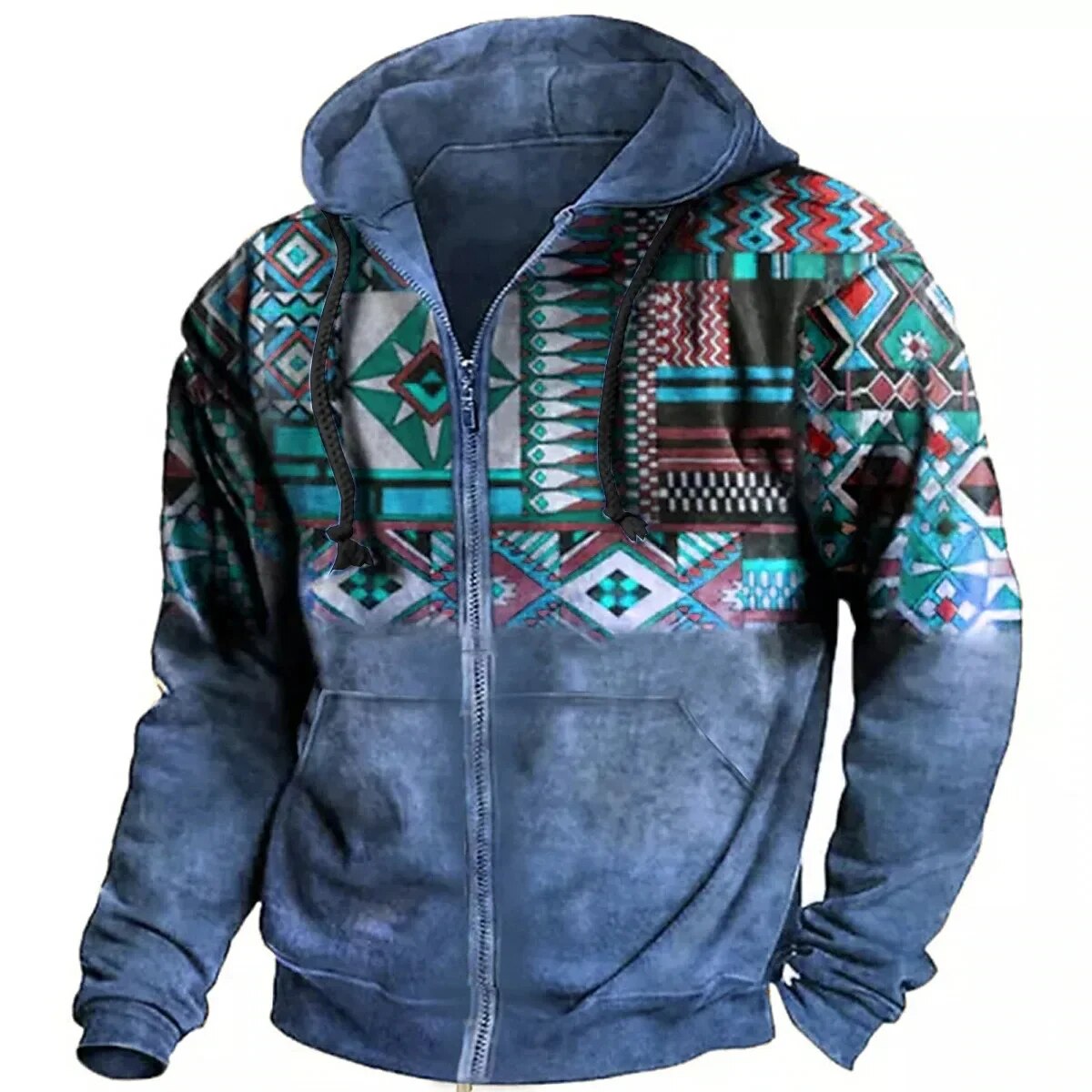 Street-Wave Men Retro Fleece Zip Hoodie With Ethnic Pattern Vintage Outdoor Warmth