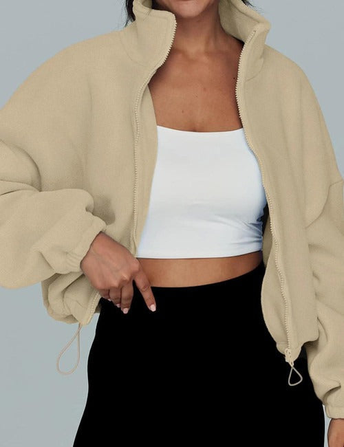 Street-Wave Stand Collar Zip Jacket Women Cozy Fleece Outerwear For Everyday Comfort