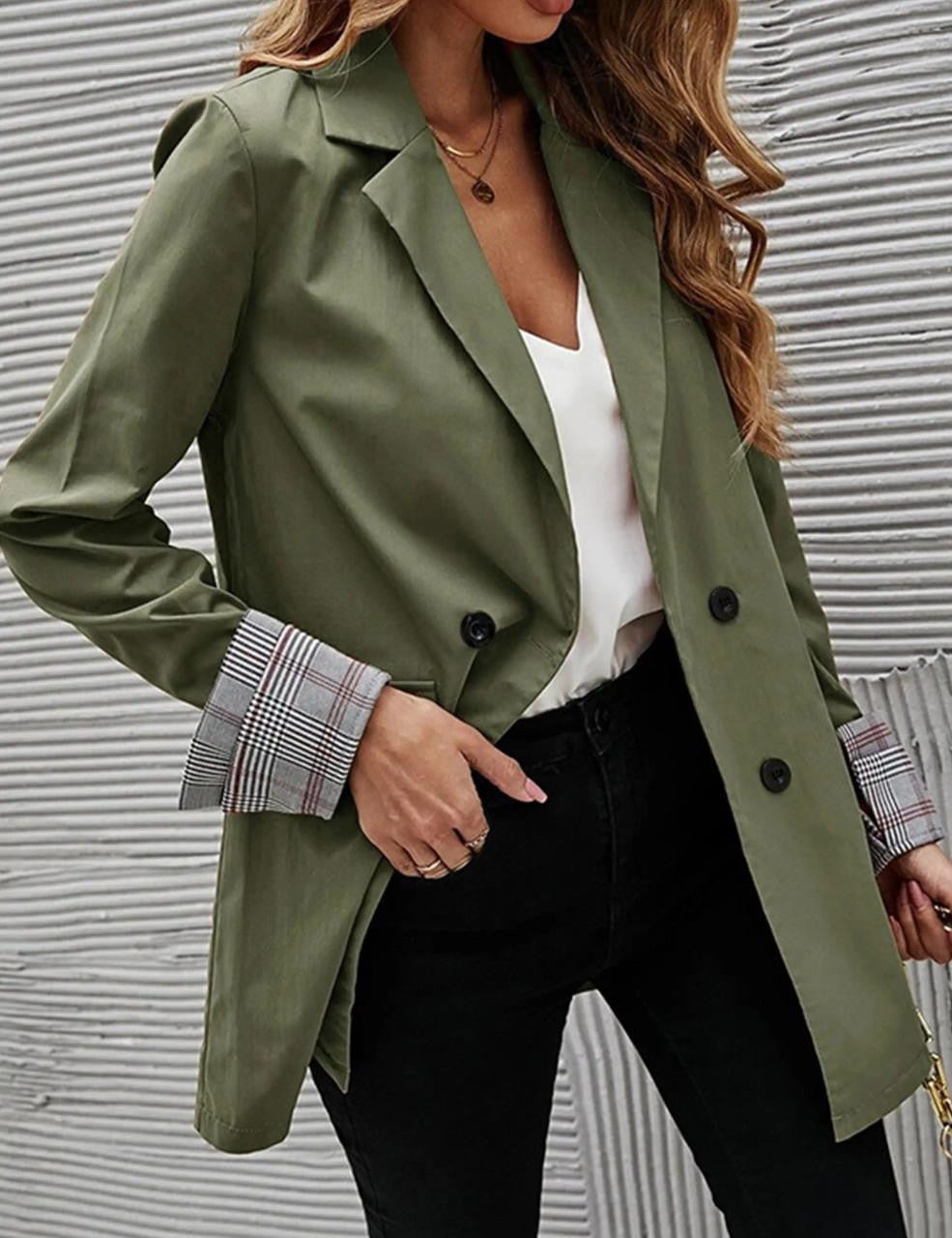 Street-Wave Women Blazer Jacket With Plaid Cuff Detail Double-Breasted Chic Professional
