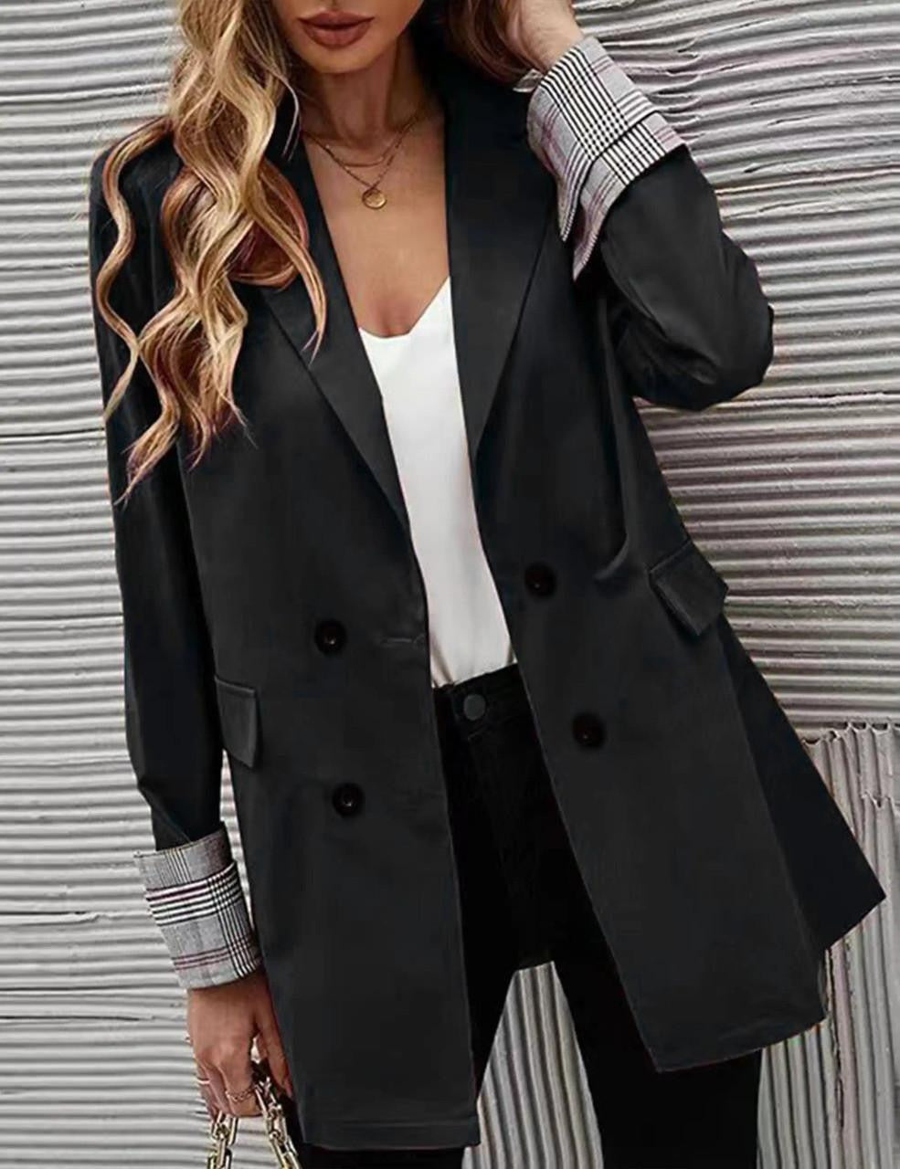 Street-Wave Women Blazer Jacket With Plaid Cuff Detail Double-Breasted Chic Professional
