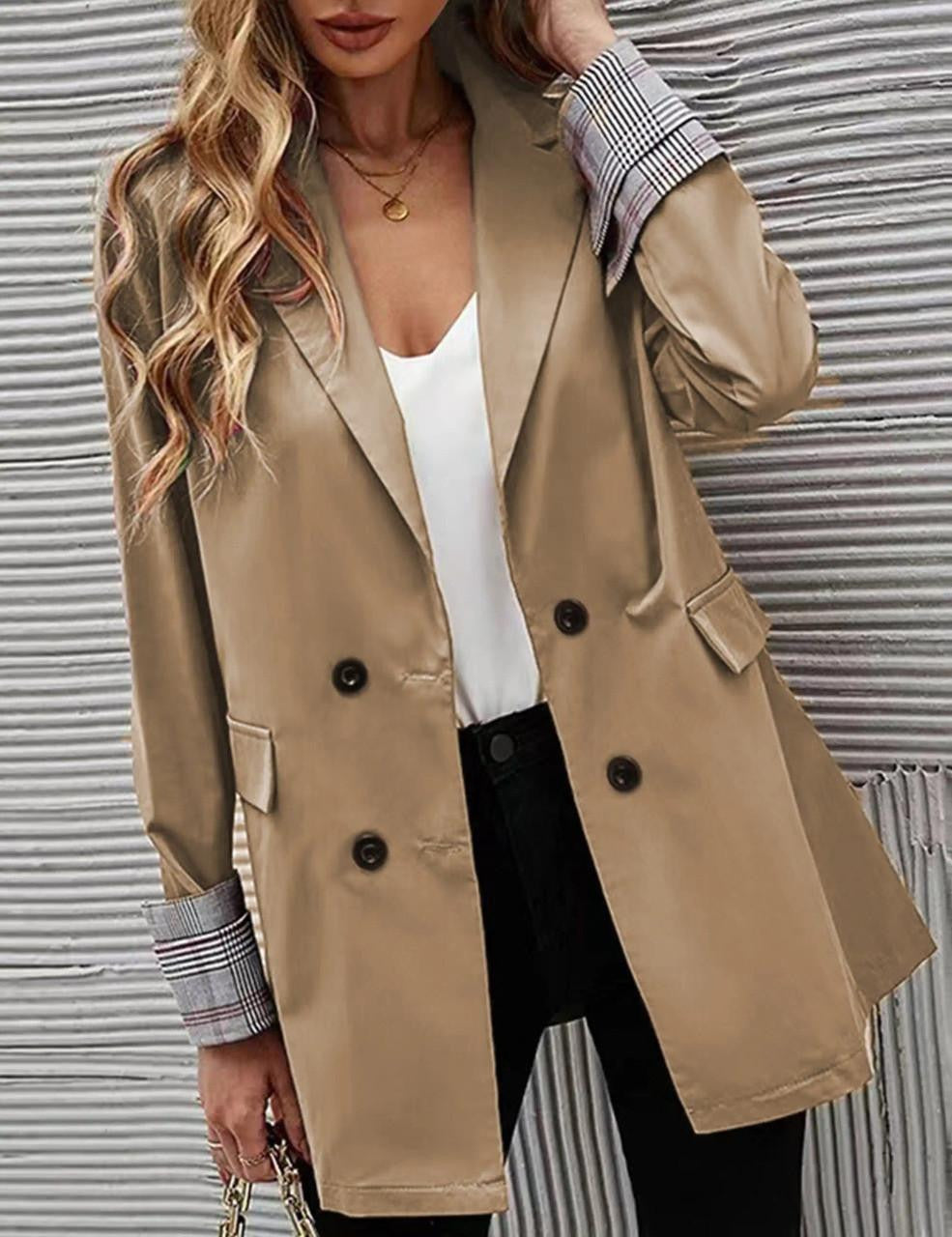 Street-Wave Women Blazer Jacket With Plaid Cuff Detail Double-Breasted Chic Professional
