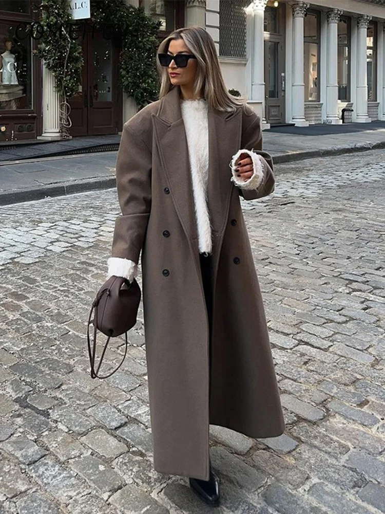 Street-wave Chic Womens Wool Long Coat with Loose Fit, Double-Breasted, Structured Shoulders
