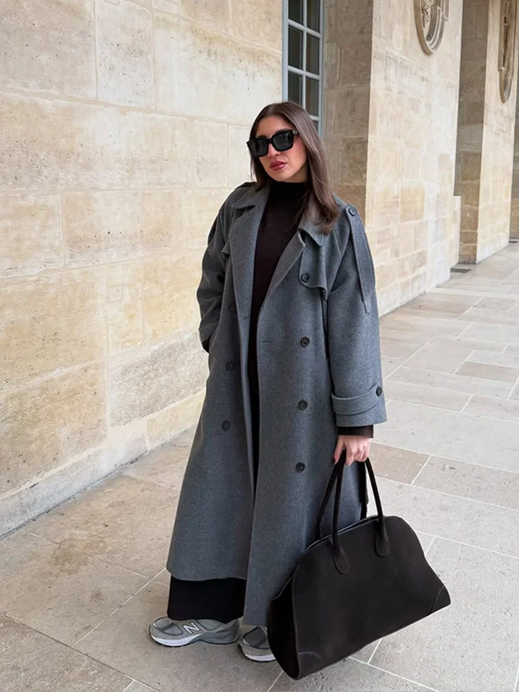 Street-wave Chic Womens Wool Long Coat with Loose Fit, Double-Breasted, Structured Shoulders