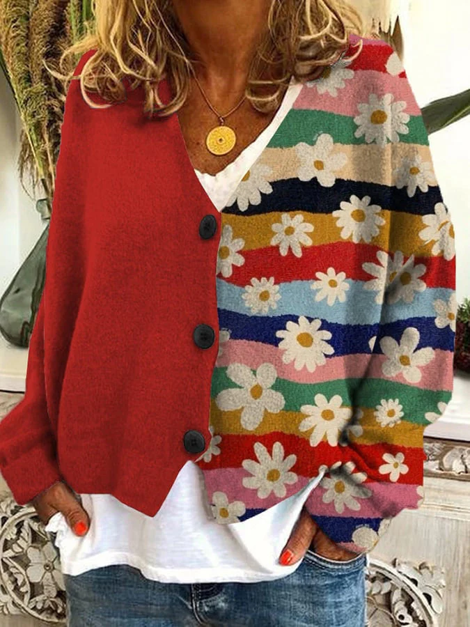 Womens Cardigan Street Wave Relaxed Knit Patchwork Floral Button Front Boho