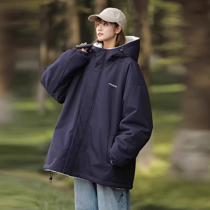 Street-wave Reversible Hooded Jacket With Plush Fleece Lining For Winter Streetwear Fans