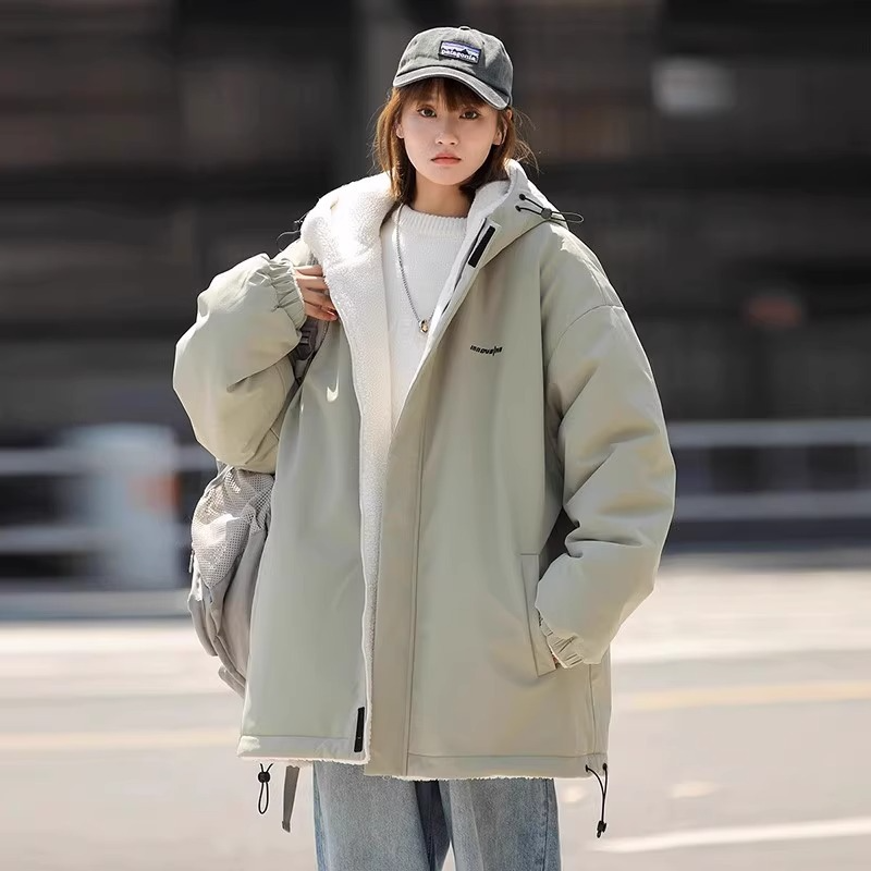 Street-wave Reversible Hooded Jacket With Plush Fleece Lining For Winter Streetwear Fans
