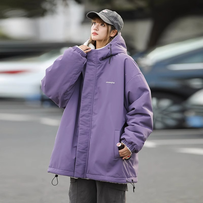 Street-wave Reversible Hooded Jacket With Plush Fleece Lining For Winter Streetwear Fans