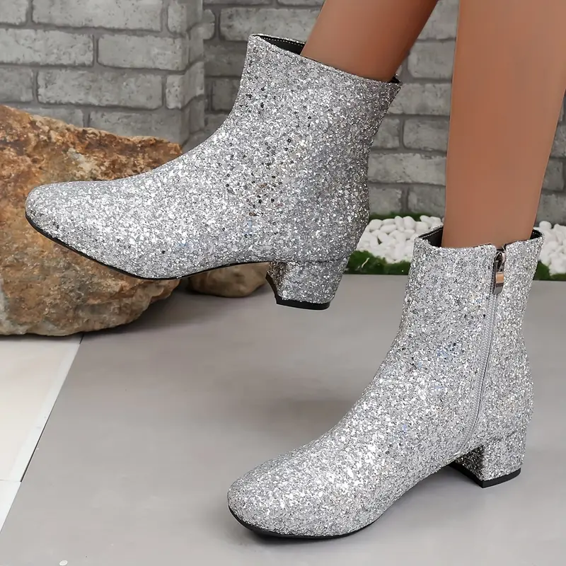 Street Wave Glitter Ankle Boots With Almond Toe Side Zip And Mid Block Heel For Evening Outfits
