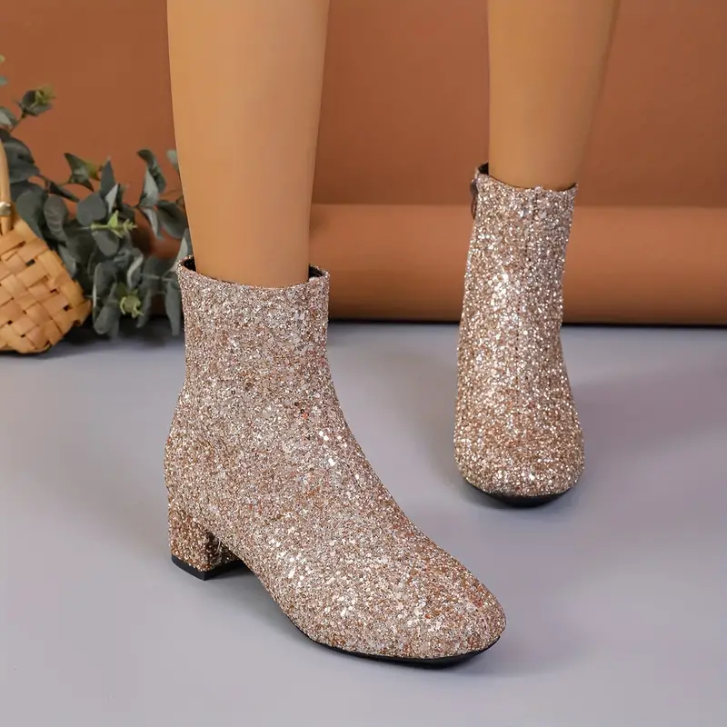 Street Wave Glitter Ankle Boots With Almond Toe Side Zip And Mid Block Heel For Evening Outfits