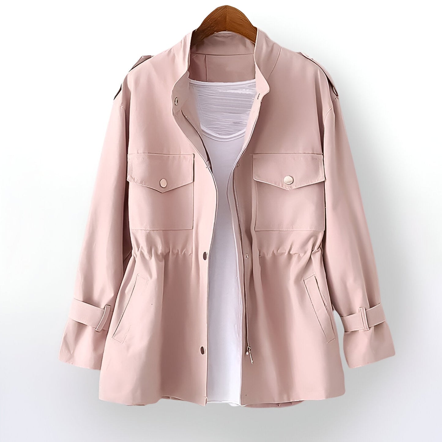 Street-Wave Womens Beige Trench Coat With Front Pockets Drawstring Waist Classic Comfort