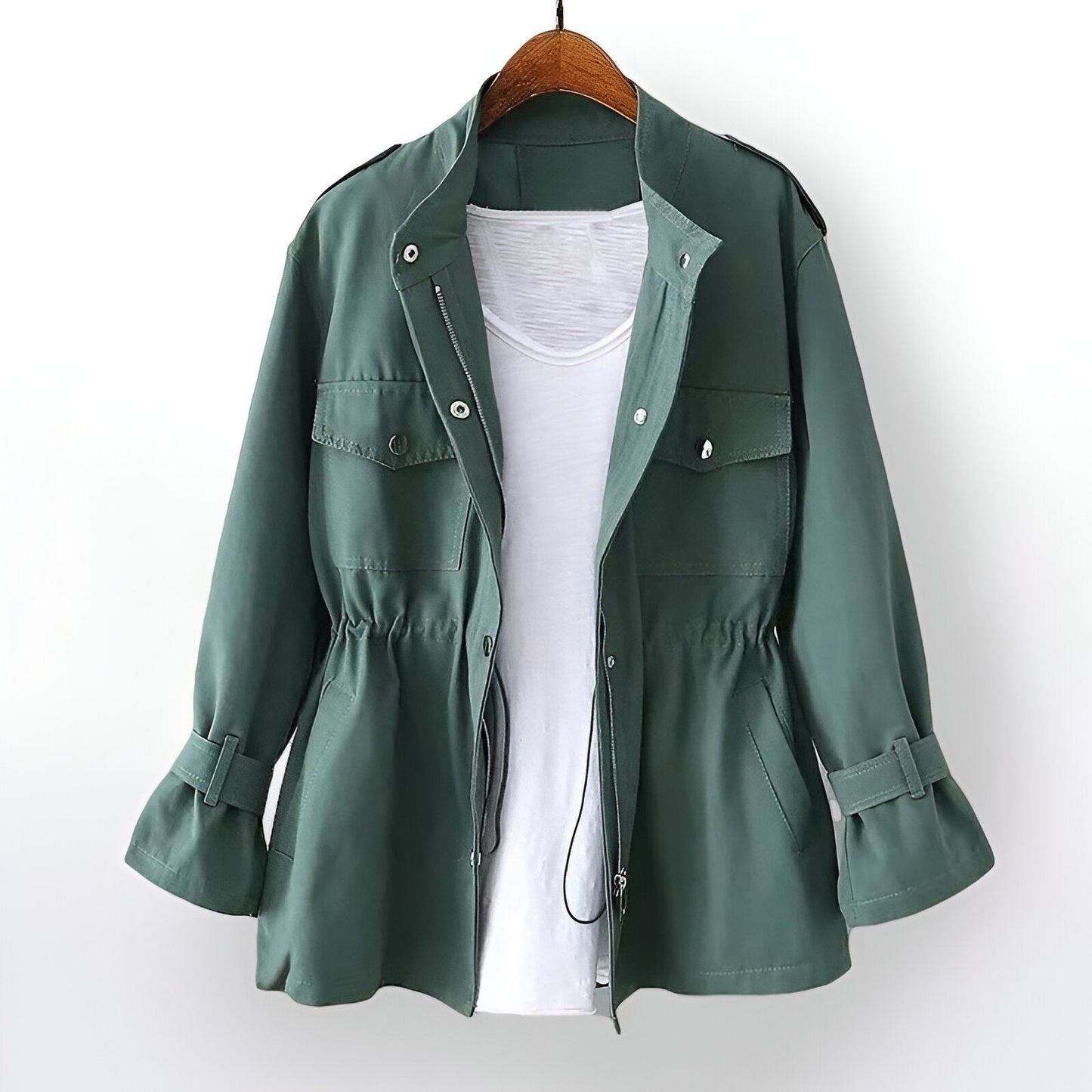 Street-Wave Womens Beige Trench Coat With Front Pockets Drawstring Waist Classic Comfort