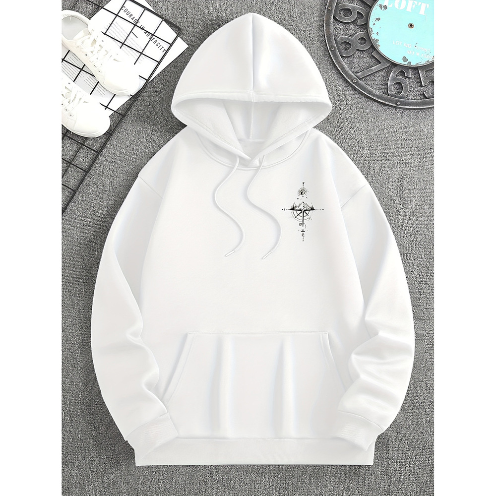 Mens Hoodie Regular Fit Soft Cotton Compass Print Drawstring Hood Kangaroo Pocket Nordisk Flair