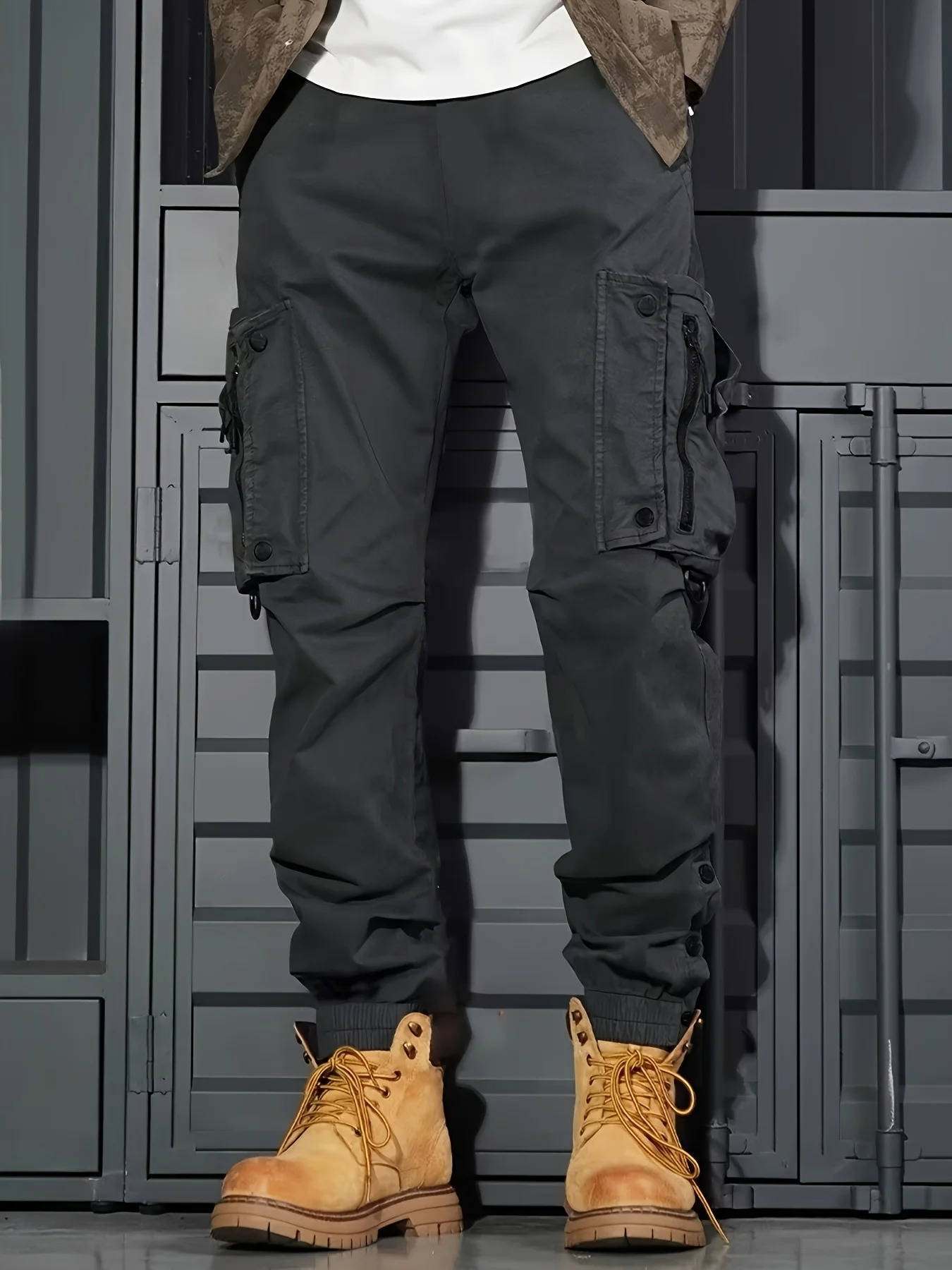 Street-Wave Mens Cargo Jogger Pants With Multiple Pockets Durable Khaki Tactical Style For Outdoor Wear