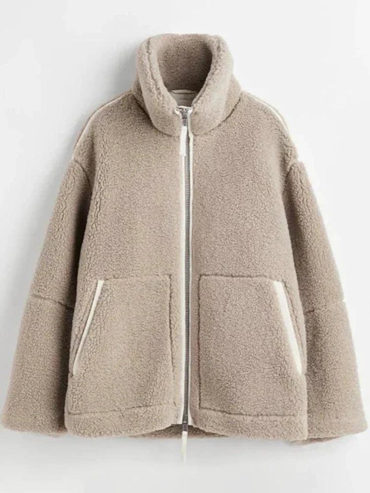 Street-Wave Lambswool Jacket For Women - Fluffy Cozy Warmth, High Collar, Zip Closure