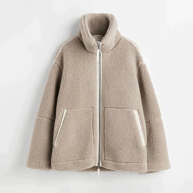 Street-wave Lambswool Jacket for Women Oversized Cozy Warmth with High Collar Zip Autumn Edition